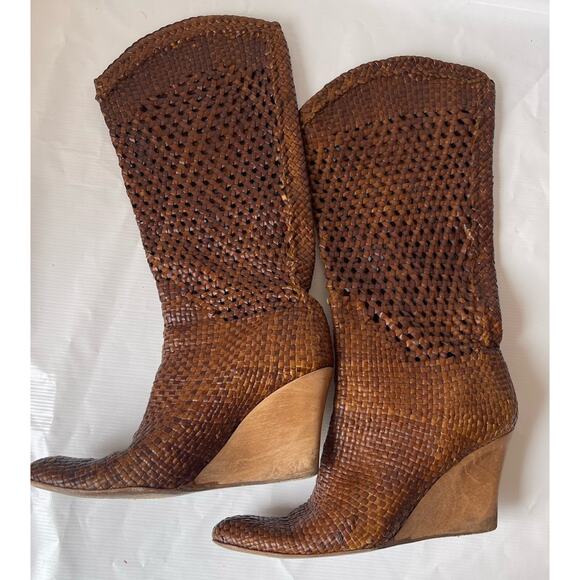 Kenneth Cole Brown Leather Straw Woven Wedge Boot Sz 7.5 Italy Concert - Picture 3 of 12
